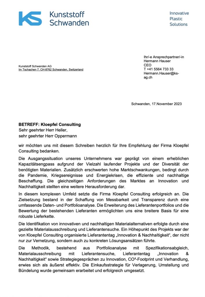 Empfehlungsschreiben von Kloepfel Consulting an Hermann Hauser, datiert 17. November 2023.