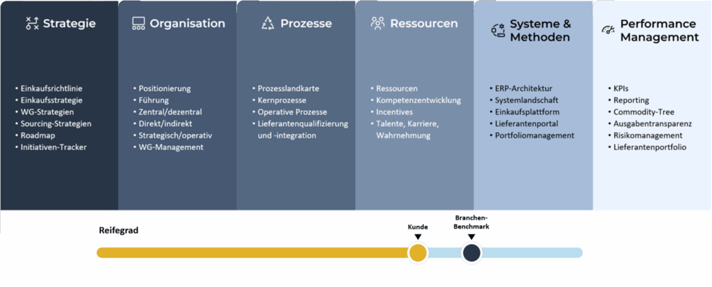 Diagramm zur Strategie und Organisation mit verschiedenen Kategorien und einem Reifegrad-Balken.