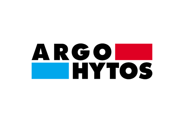 Logo von Argo Hytos mit blauem und rotem Rechteck sowie dem Schriftzug in Schwarz.