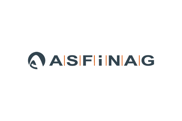 Logo von ASFINAG in einem schlichten Design mit grauer Schrift und orangefarbenen Akzenten.