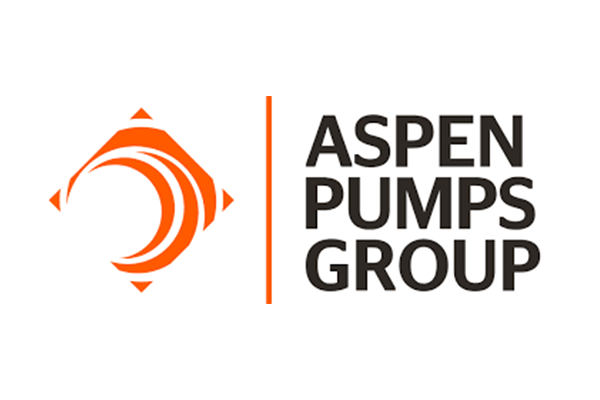 Logo der Aspen Pumps Group mit orangefarbenem Symbol und Schriftzug.