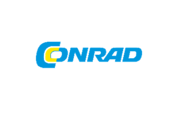 Logo von Conrad in blauer Schrift mit gelben Akzenten auf weißem Hintergrund.