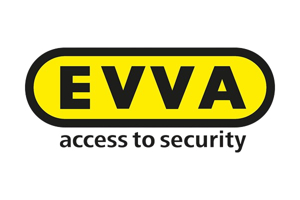 Logo von EVVA mit dem Text 'access to security' in gelber Schrift auf schwarzem Hintergrund.