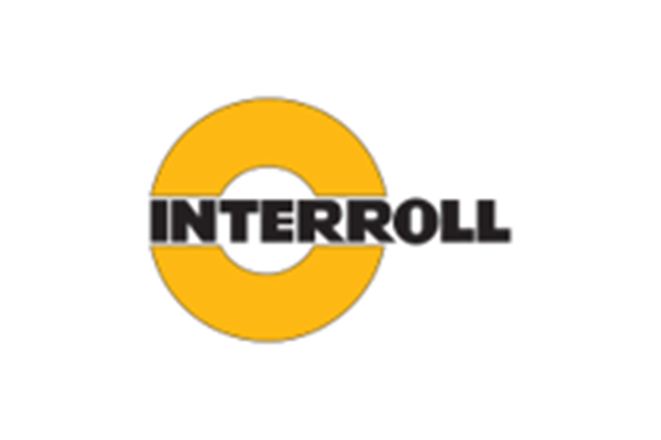 Logo von Interroll mit einem gelben Kreis und dem Schriftzug 'INTERROLL' in Schwarz.
