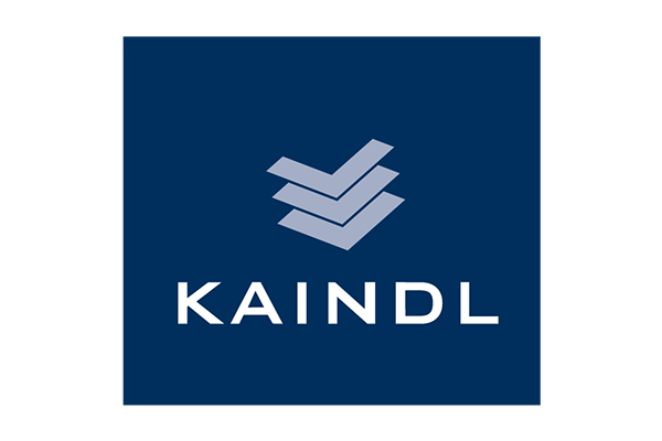 Logo von KAINDL mit einem blauen Hintergrund und gestapelten, hellblauen Formen.