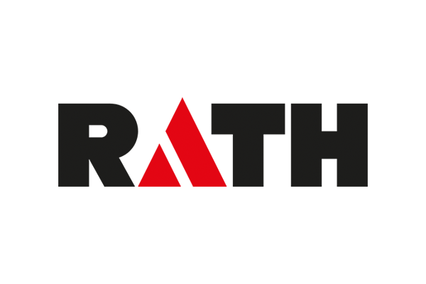 Logo von RATH in Schwarz mit roten Dreiecken und dem Schriftzug 'RATH'.