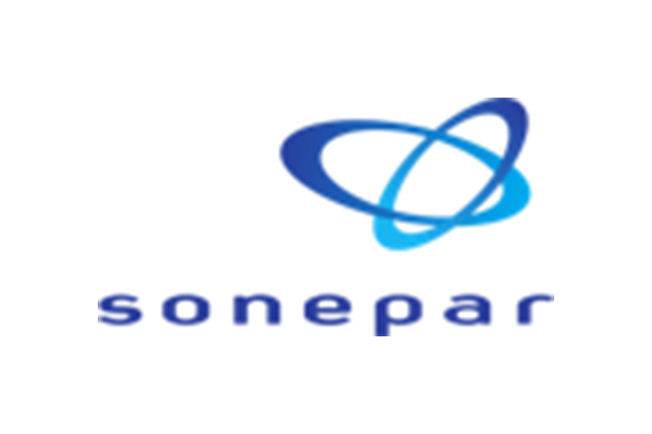 Logo von Sonepar mit blauen und weißen Elementen auf hellem Hintergrund.
