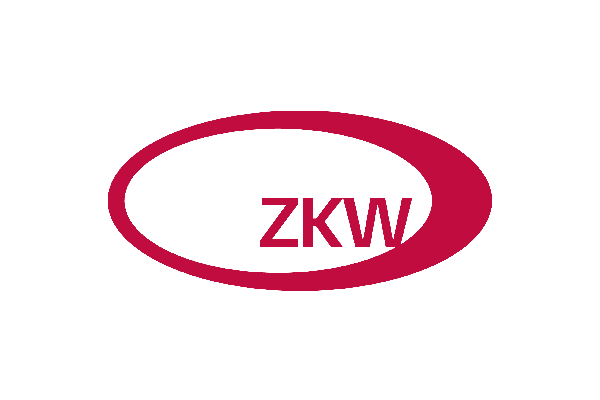 Logo von ZKW in Rot und Weiß mit ovaler Form und Schriftzug.