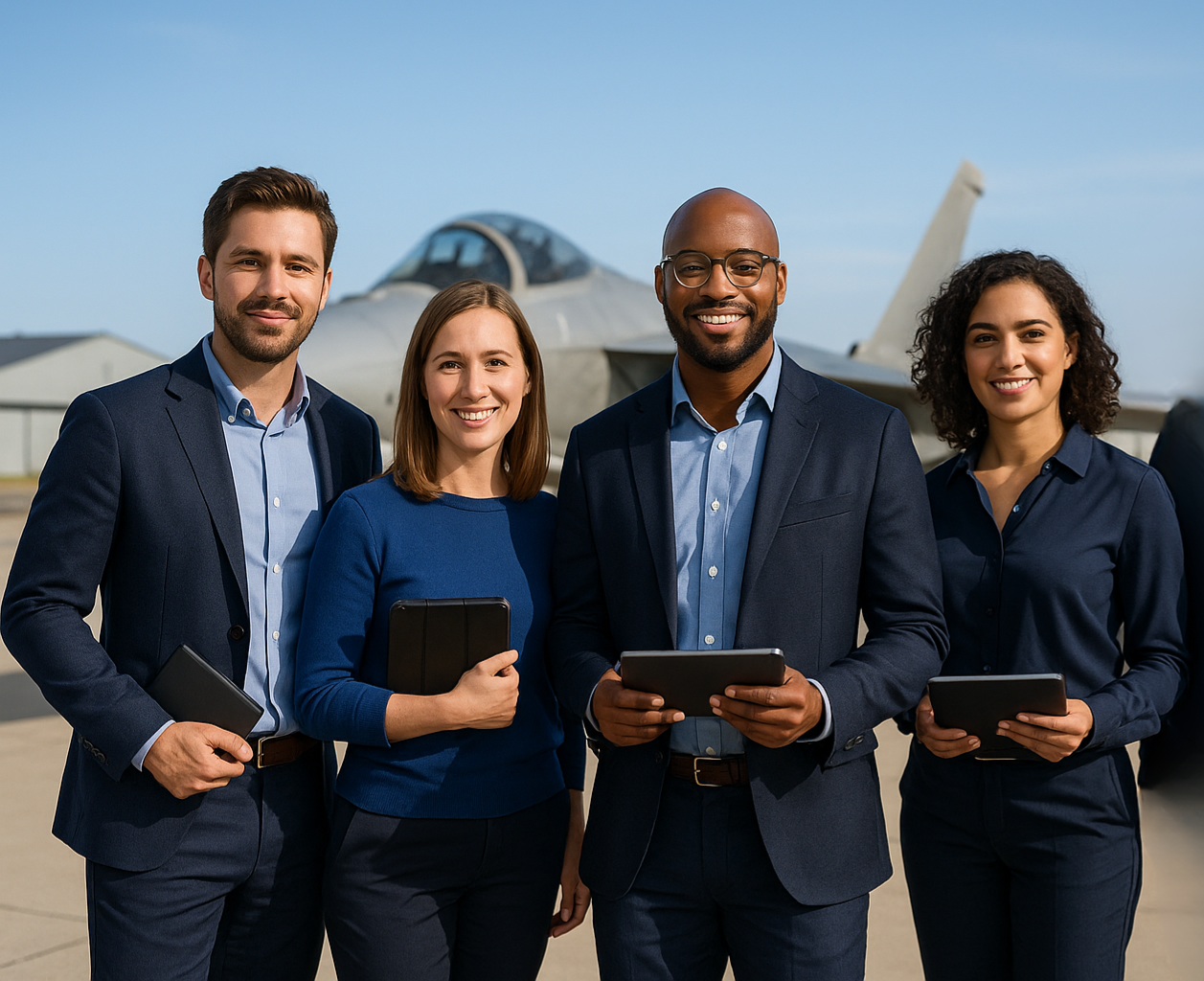 Vier Personen in formeller Kleidung halten Tablets und stehen vor einem Militärflugzeug auf einem Flughafen.